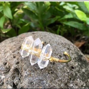 Sold Out!  Clear Crystal Quartz (Three Stone) Gemstone Gold Bangle Cuff Bracelet